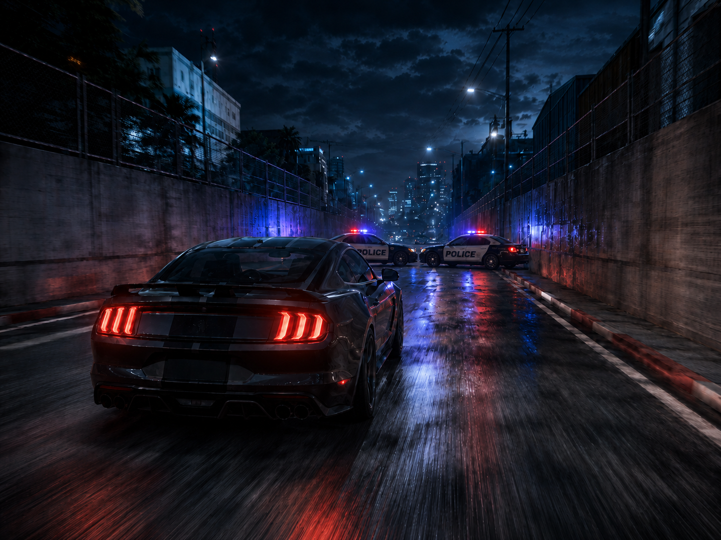 Temporary illustration of a narrow-road chase heading toward a police roadblock