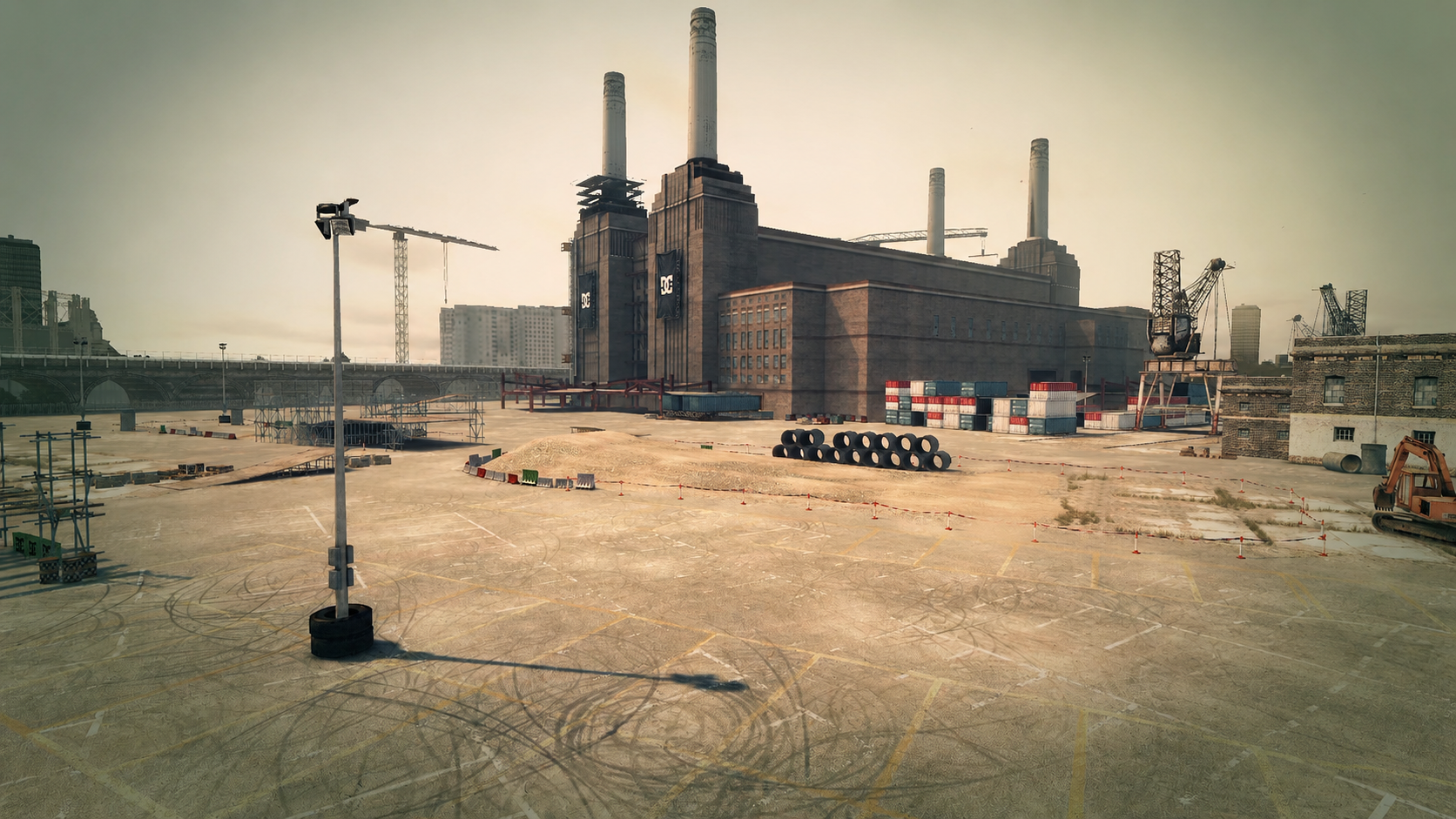 Battersea-inspired industrial pursuit environment with varied open and tight spaces